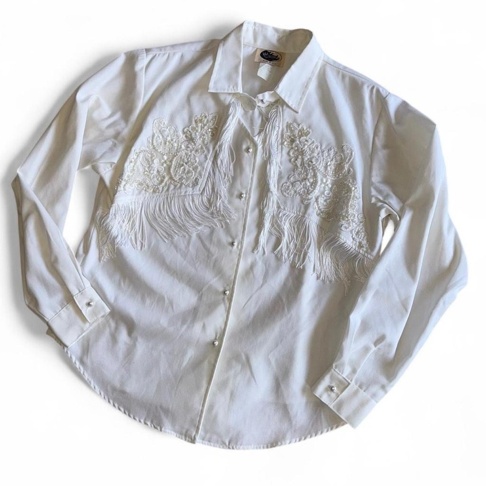 Vintage white western hand embellished fringe button down shirt
